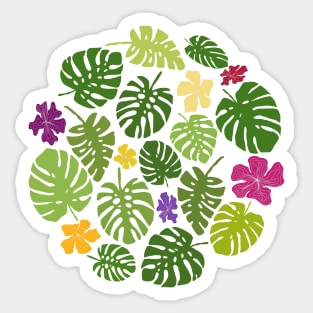 Monstera leaves and tropical flowers in green, yellow, purple, and pink Sticker